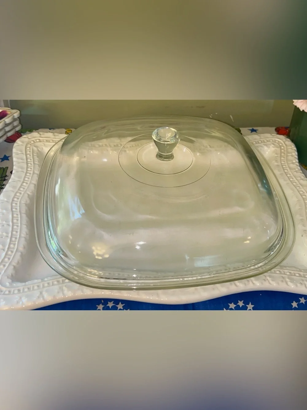 Vintage Corning Ware clear glass lid for a square casserole dish marked A-12-C